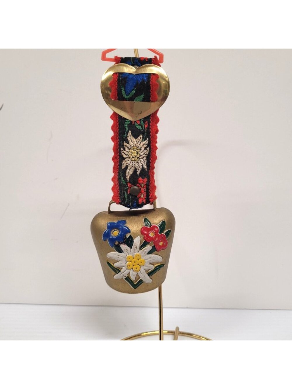 Brass Cow Goat Bell Embroidered Strap Painted Edelweiss & Alpine Flowers 8''